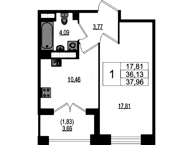 1-комнатная квартира 37.96 м², 3/4 эт., ЖК «Ranta Residence»